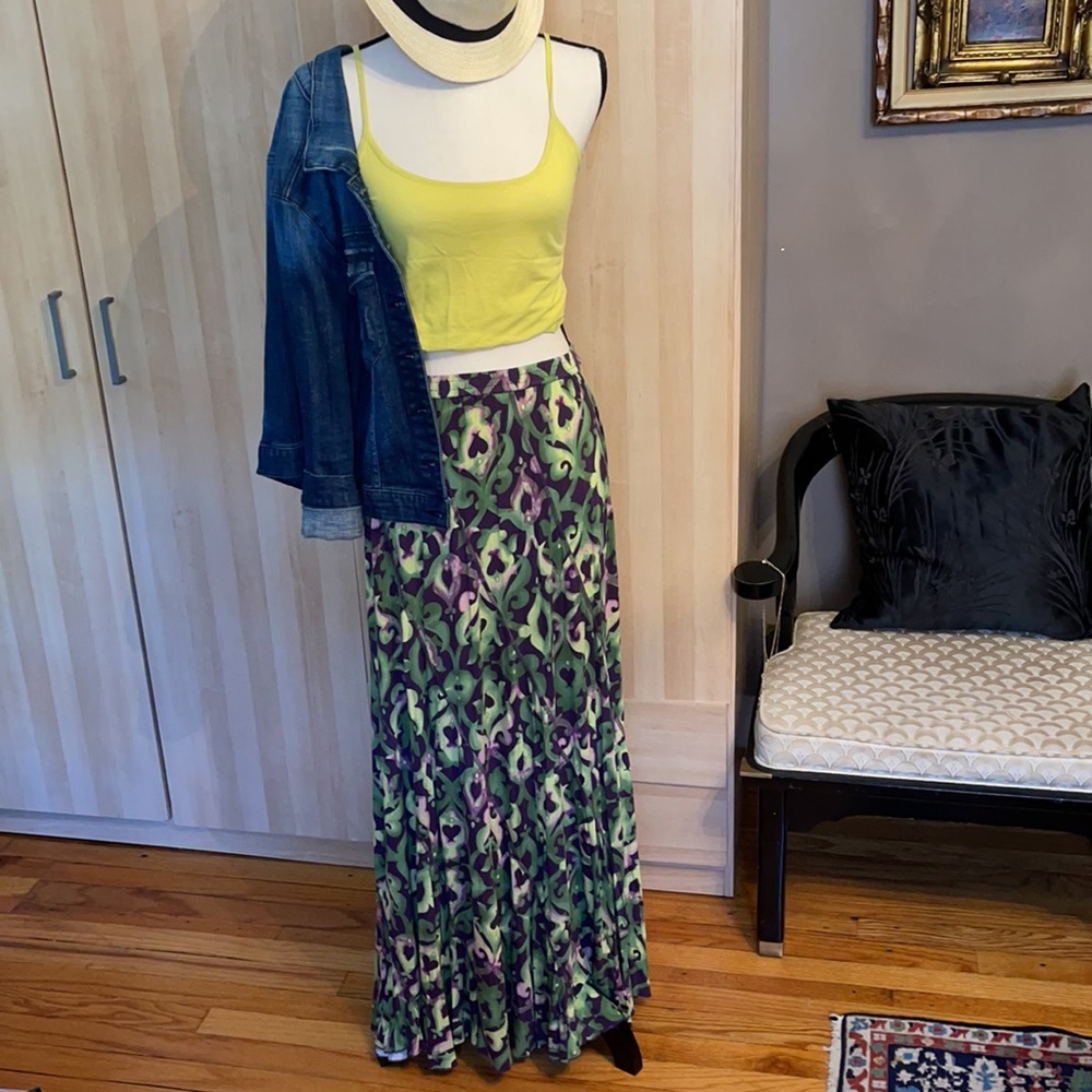 Green print long flawy maxi skirt _size S